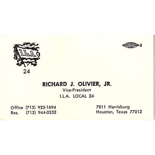 Richard J Olivier Jr I.L.A. Local 24 Houston Vintage Business Card SC9-B3