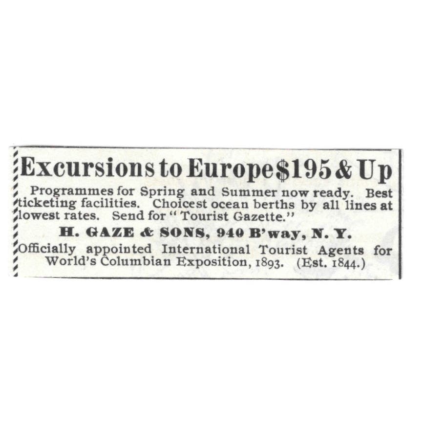 Europe Excursions H. Gaze & Sons NY c1890 Victorian Ad AE9-CH4