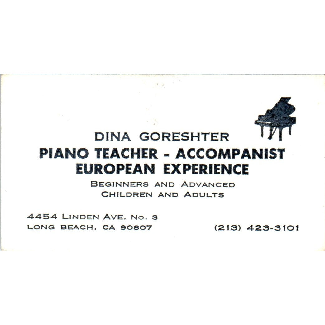 Dina Goreshter Piano Teacher Long Beach CA Vintage Business Card SD8-B20