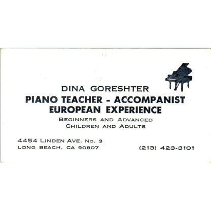 Dina Goreshter Piano Teacher Long Beach CA Vintage Business Card SD8-B20