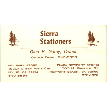 Glen R. Garey Sierra Stationers Newport Beach CA Vintage Business Card SE3-B4