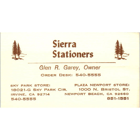 Glen R. Garey Sierra Stationers Newport Beach CA Vintage Business Card SE3-B4