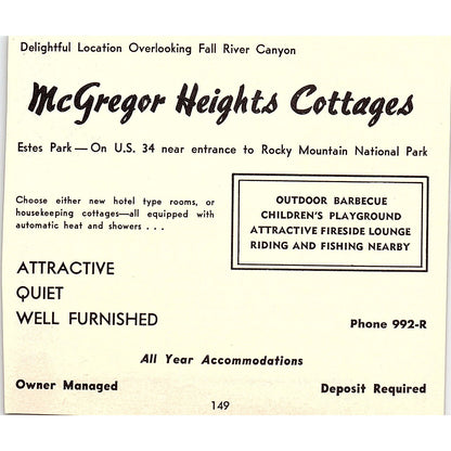 Miller's Motor Court, McGregor Heights Cottages Estes Park CO 1958 Ad AG1-H1