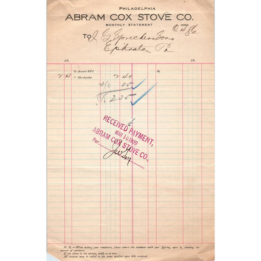 1909 Abram Cox Stove Co Philadelphia Letterhead Billhead Receipt D11