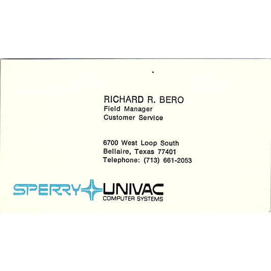 Richard R Bero Sperry Univac Bellaire TX Vintage Business Card SD9-B2