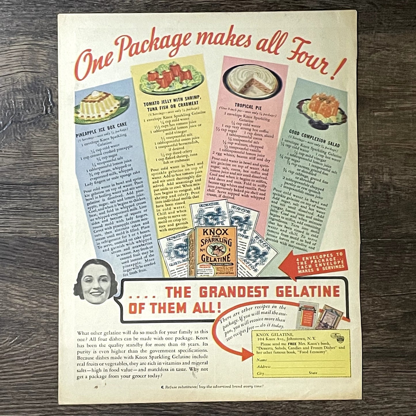 4 Original Recipes - Knox Sparkling Gelatine Magazine Ad 10x13 V11