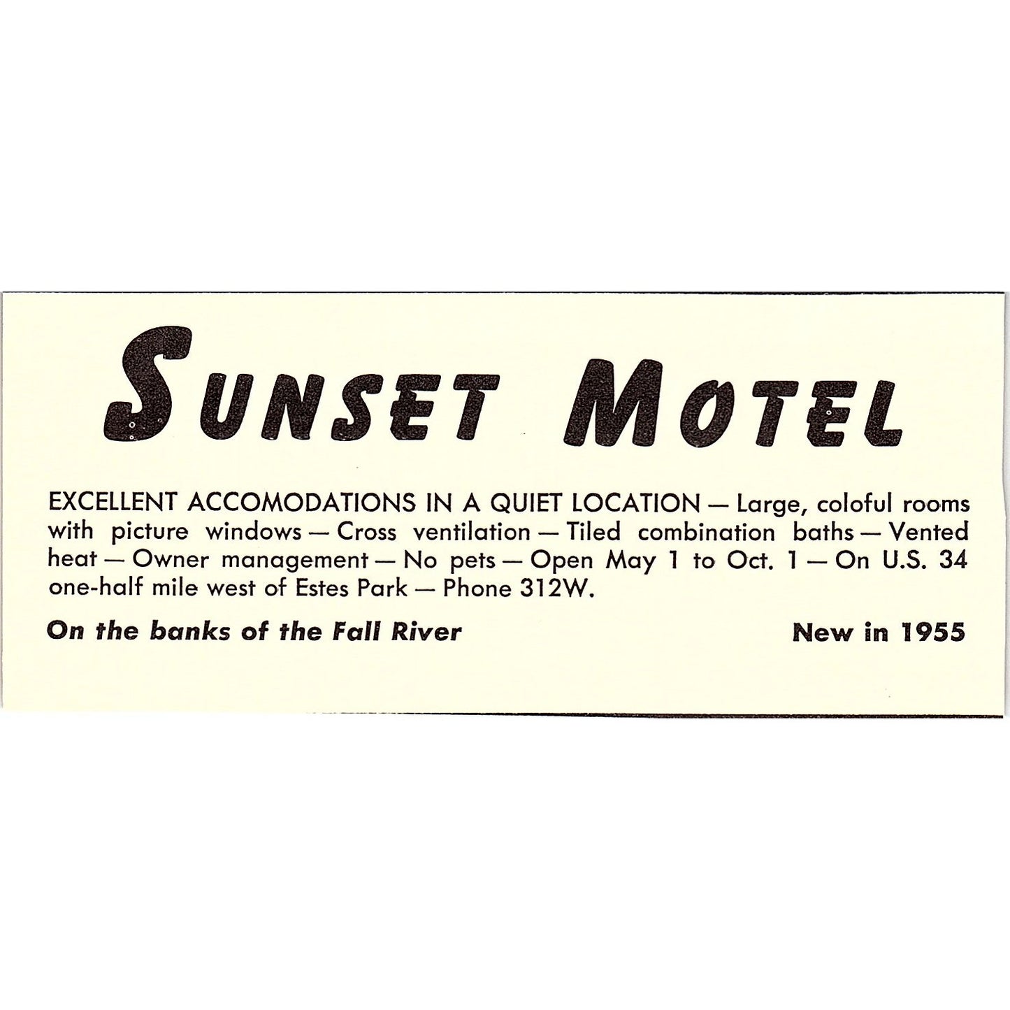 Sunset Motel on the Fall River Estes Park CO 1958 Ad AG1-M3