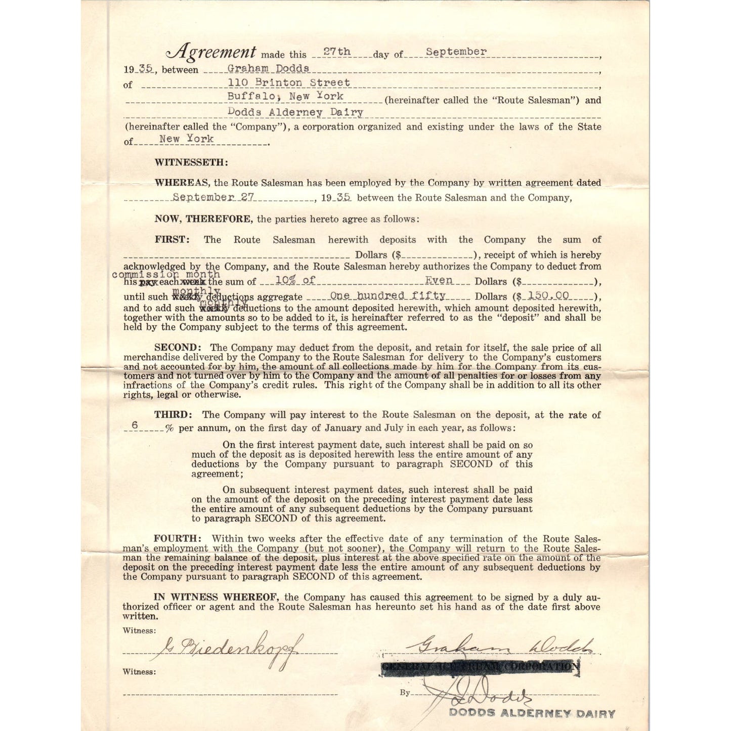 1935 Graham Dodds Alderney Dairy Agreement Buffalo NY AE6-2