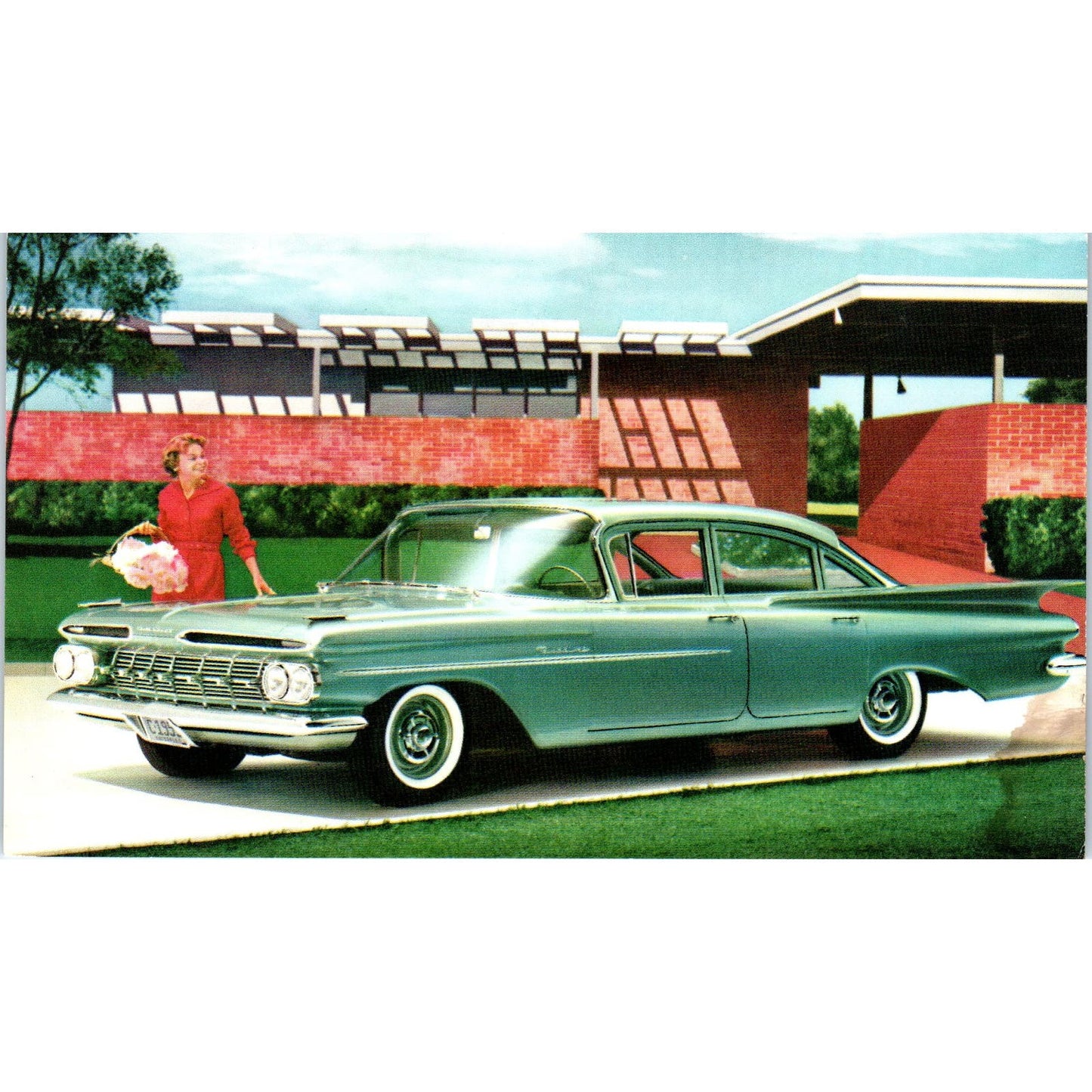 '59 Chevrolet Biscayne 4-Door Sedan Highland Green Vintage Postcard PC1