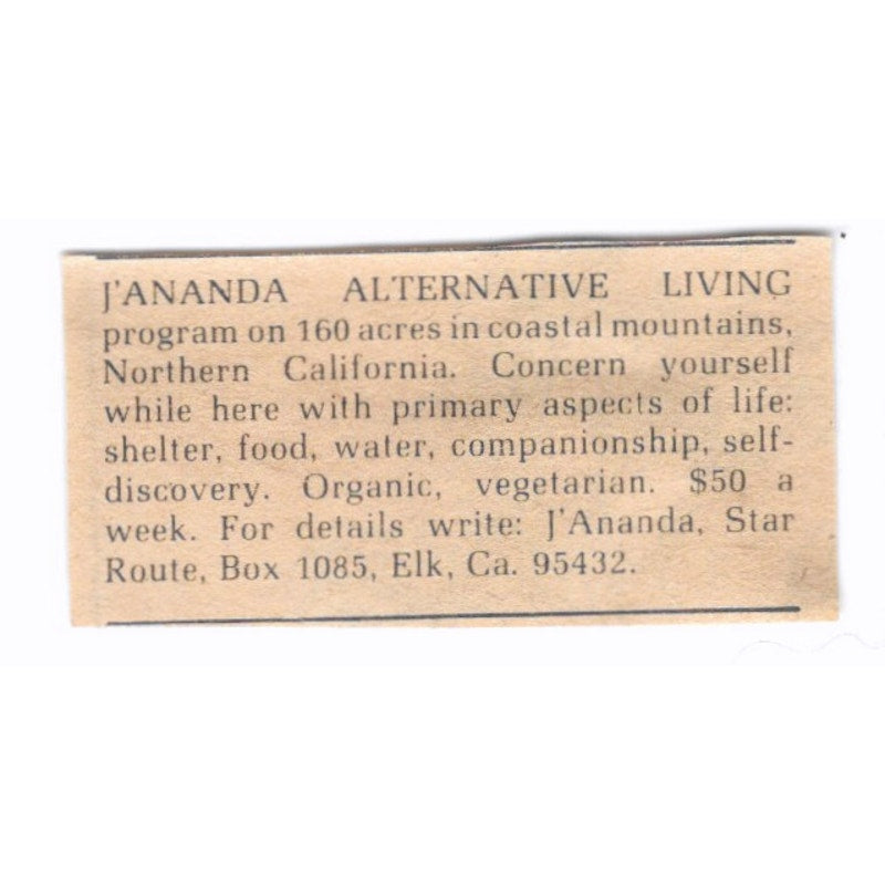 J'Ananda Alternative Living J'Ananda Star Elk CA - 1/2x2 1974 Ad AF6-S6