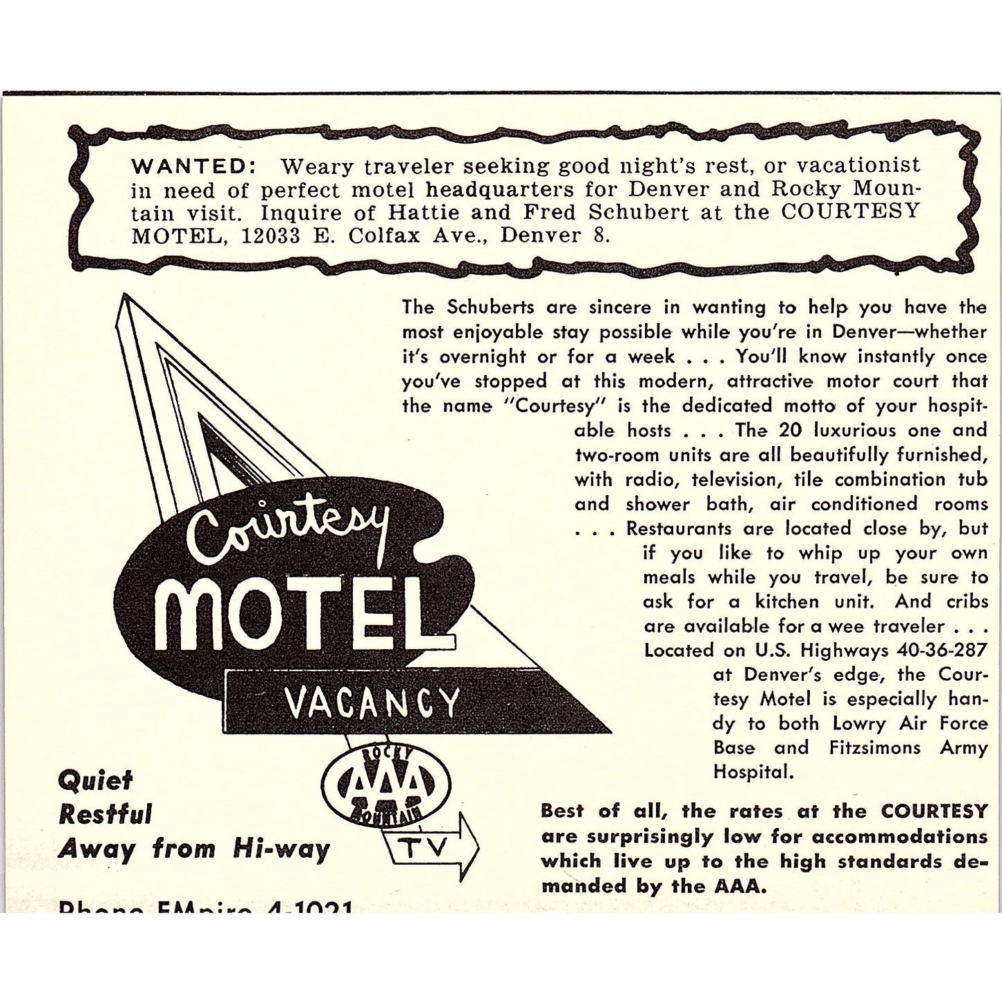 Courtesy Motel Fred Schubert, Compas Motor Lodge Denver CO 1958 Ad AG1-H1