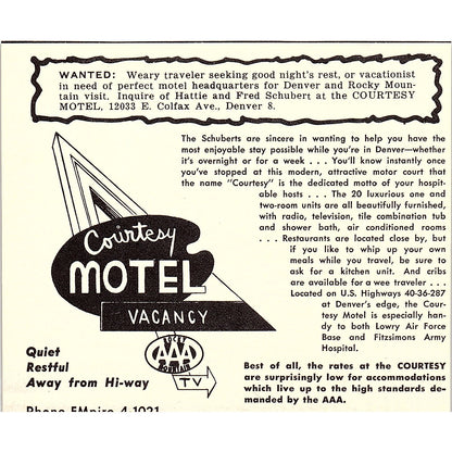 Courtesy Motel Fred Schubert, Compas Motor Lodge Denver CO 1958 Ad AG1-H1