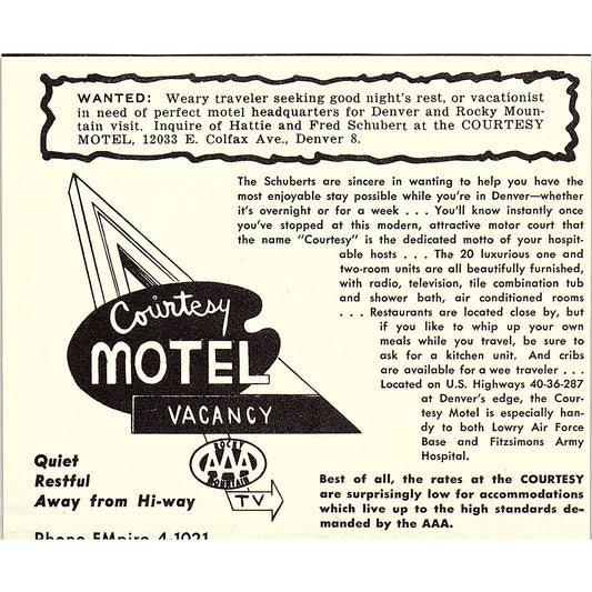Courtesy Motel Fred Schubert, Compas Motor Lodge Denver CO 1958 Ad AG1-H1