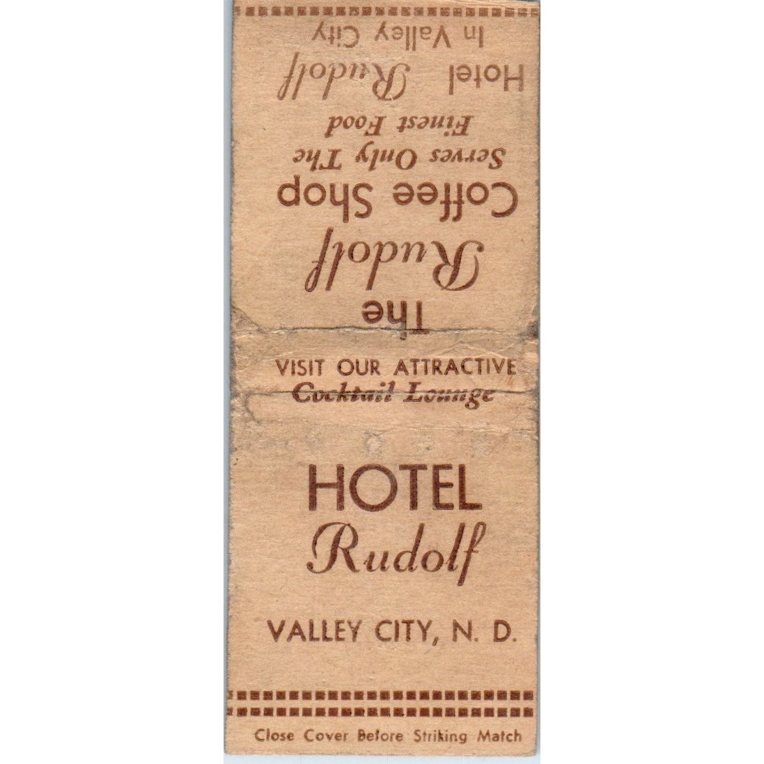 Hotel Rudolf & Coffee Shop Valley City ND Vintage Matchbook Cover SD4-Y3
