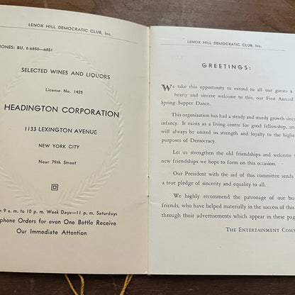 1934 Lenox Hill Democratic Club Spring Supper Dance Program NYC TH2-TB6