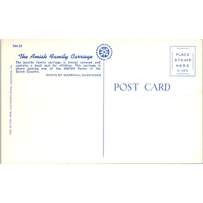 Amish Covered Family Carriage Pennsylvania Dutch Country Postcard PD8