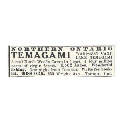 Temagami Ontario Wabi-Kon Camp Miss Orr c1918 Original Advertisement AE5-SV6