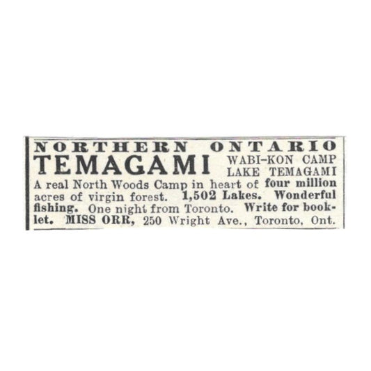 Temagami Ontario Wabi-Kon Camp Miss Orr c1918 Original Advertisement AE5-SV6