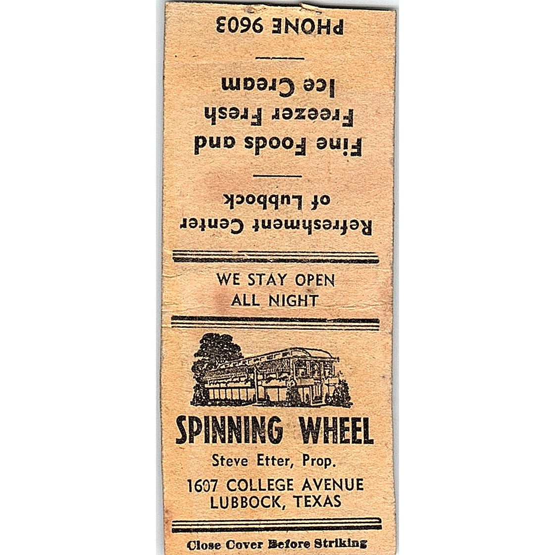 Spinning Wheel Steve Etter Lubbock TX Vintage Matchbook Cover SC7-Y8