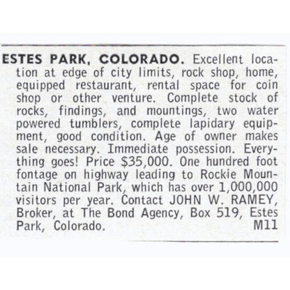 Estes Park Colorado Lapidary Supply Shop John W Ramey 1964 Magazine Ad AB6-S8