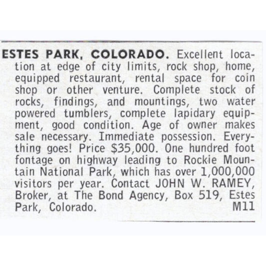 Estes Park Colorado Lapidary Supply Shop John W Ramey 1964 Magazine Ad AK6-S8