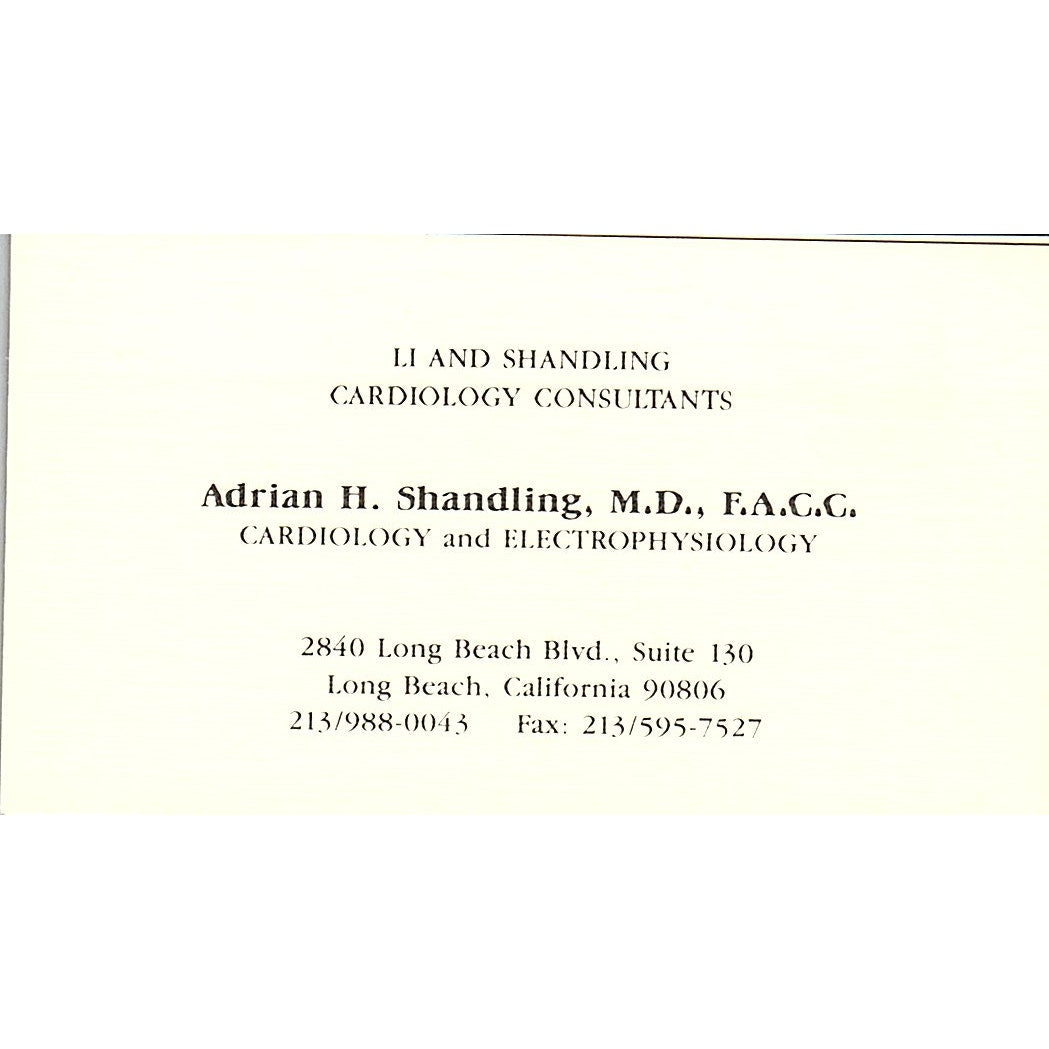 Adrian H Shandling MD Cardiology Long Beach Vintage Business Card SC9-B1