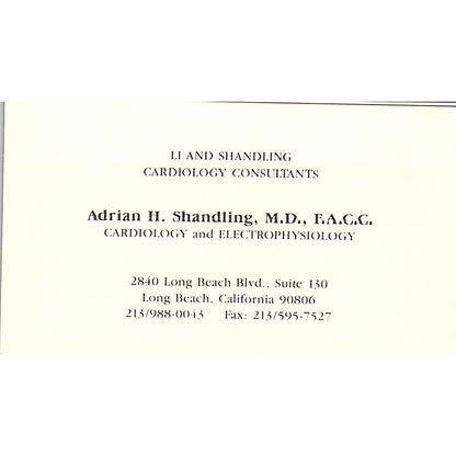 Adrian H Shandling MD Cardiology Long Beach Vintage Business Card SC9-B1