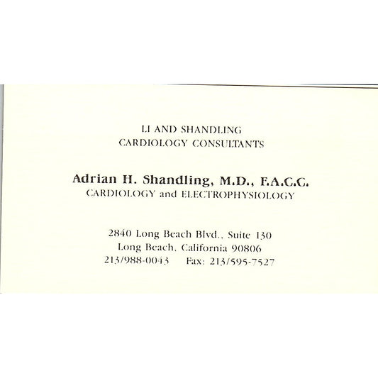 Adrian H Shandling MD Cardiology Long Beach Vintage Business Card SC9-B1
