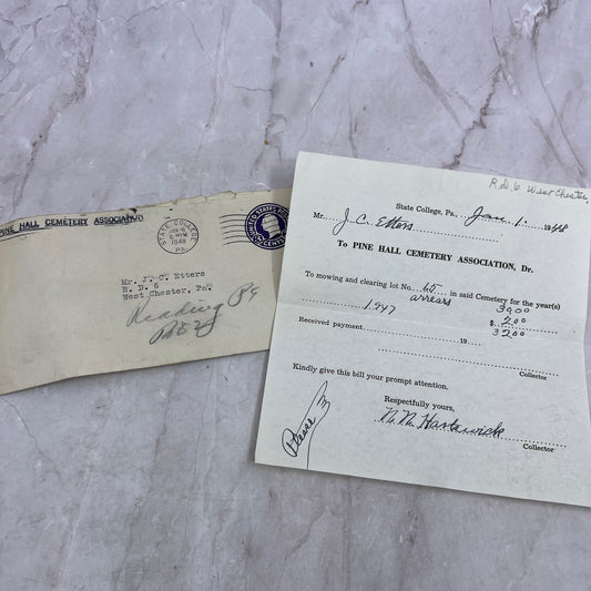 1948 Pine Hall Cemetery Association State College PA Receipt J.C. Etters TJ5-E1