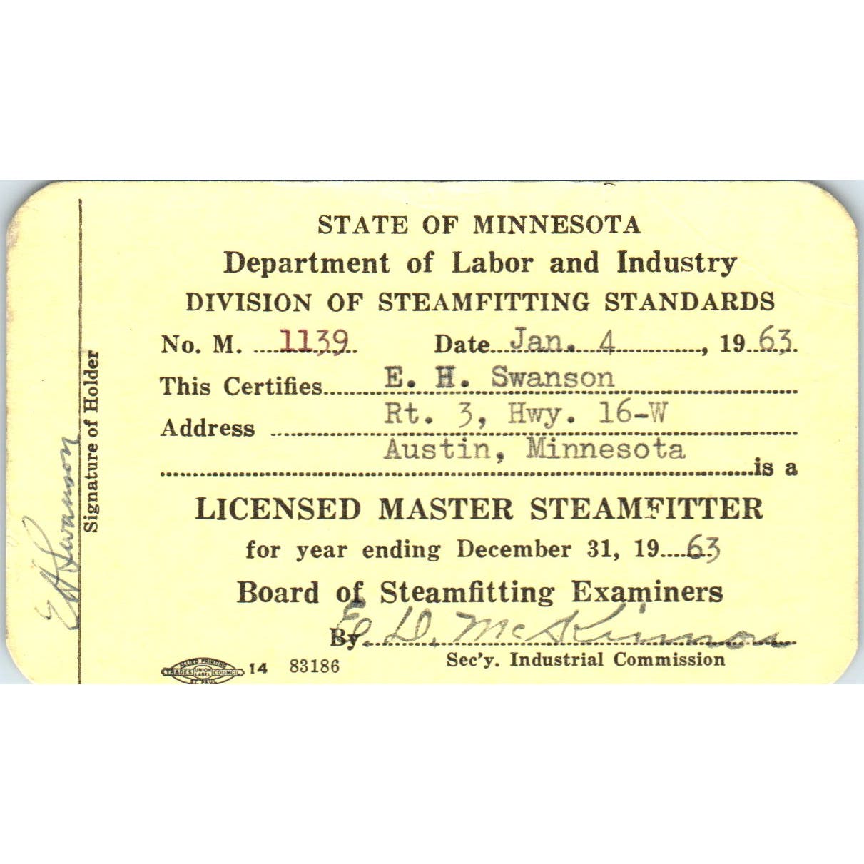 1963 Department of Labor Master Steamfitter Card E.H. Swanson Austin MN AD7