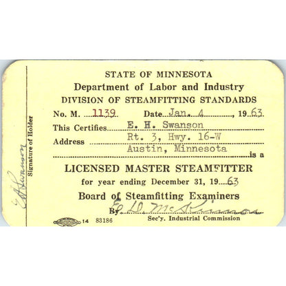 1963 Department of Labor Master Steamfitter Card E.H. Swanson Austin MN AD7