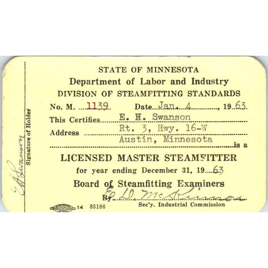 1963 Department of Labor Master Steamfitter Card E.H. Swanson Austin MN AD7