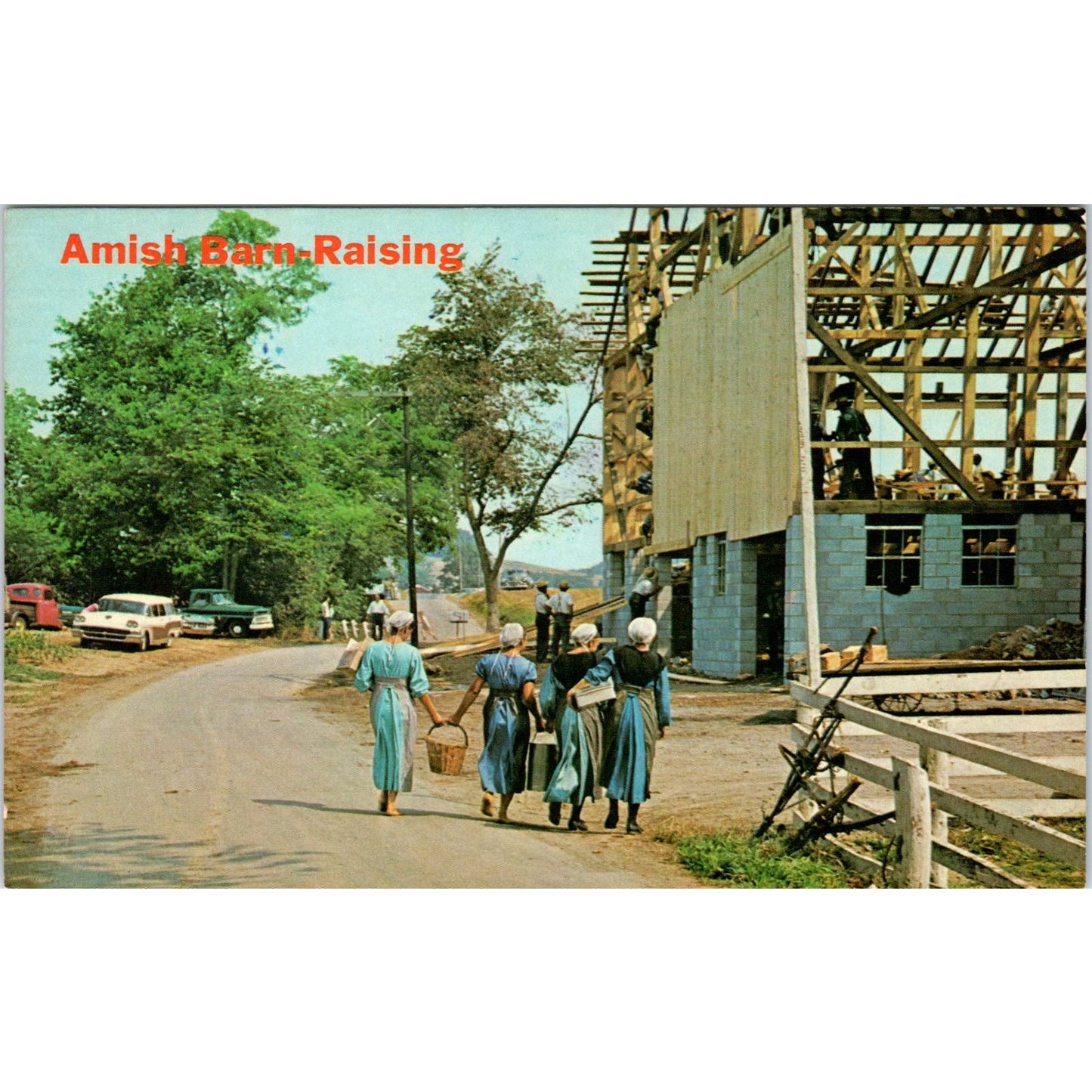 An Amish Barn Raising Pennsylvania Dutch Country Postcard PD7