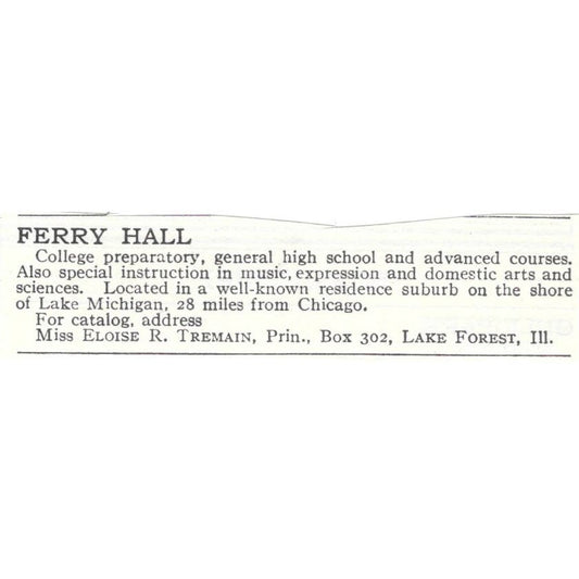 Ferry Hall Prep Eloise R. Tremain Lake Forest IL c1918 Advertisement AE5-SA10