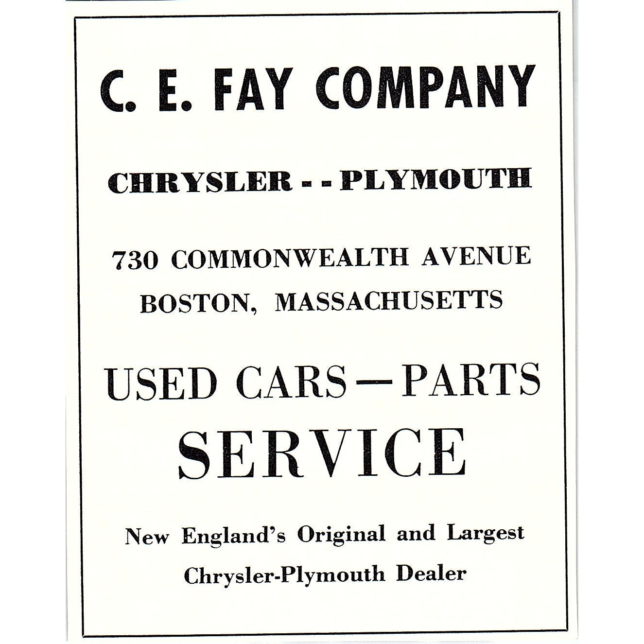 C.E. Fay Co Chrysler Plymouth Boston MA 1950 Ad AF6-M8