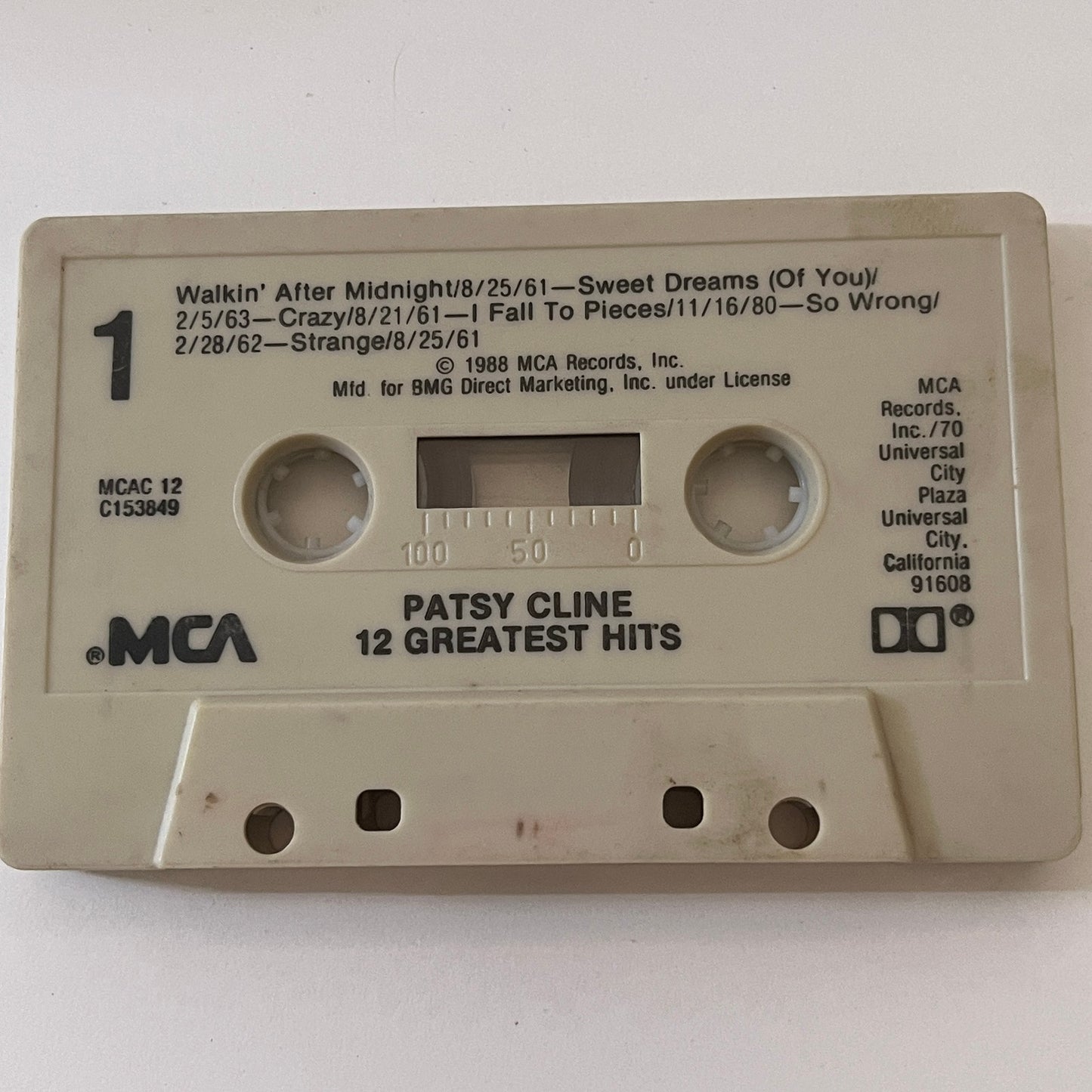Patsy Cline 12 Greatest Hits Cassette Tape TB6-OT2