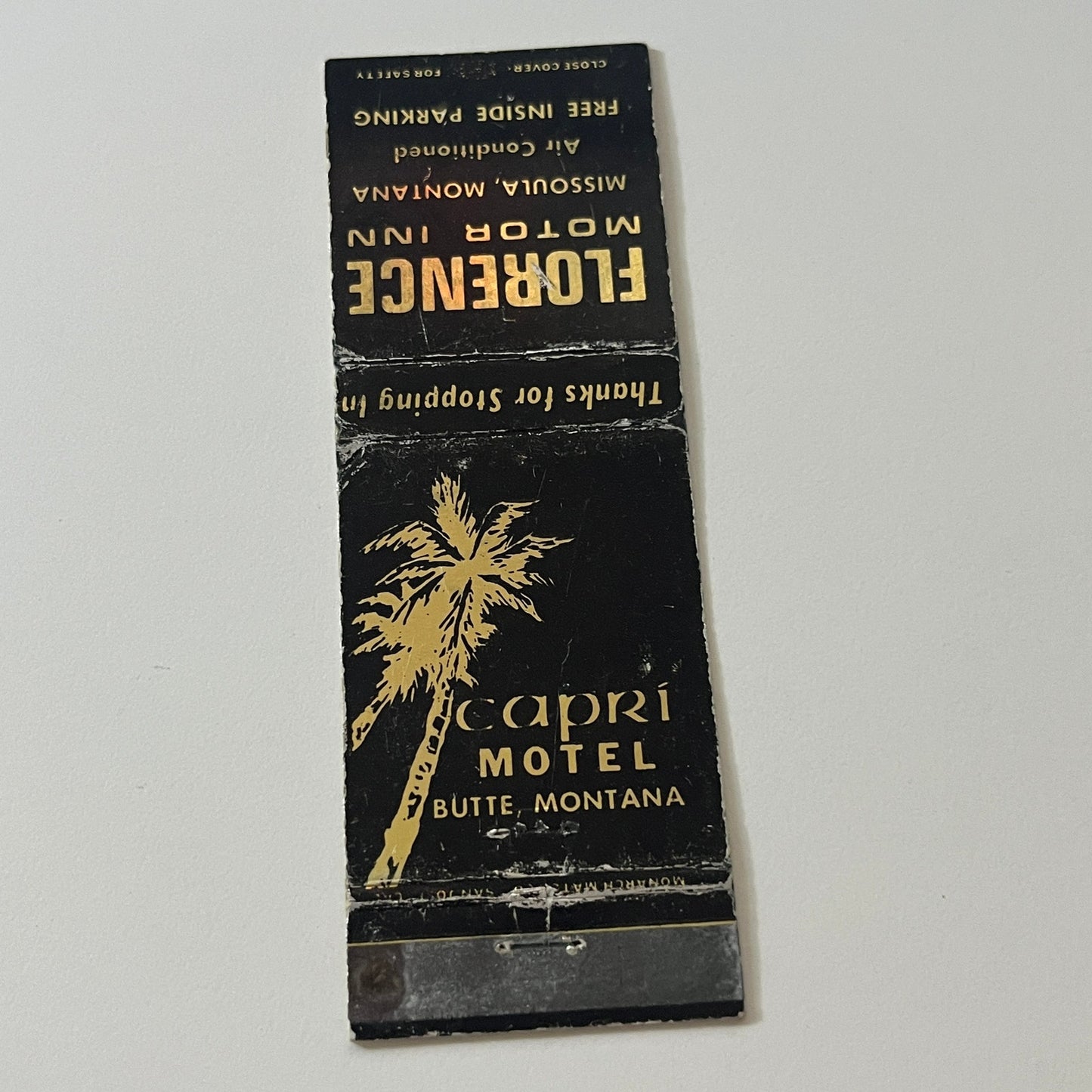 Capri Motel Butte, Florence Motor Inn Missoula MT Matchbook Cover TB6-MB2-5