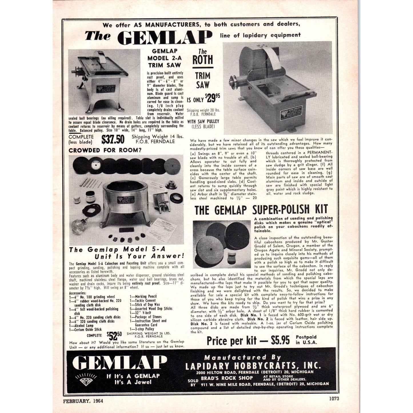 Lapidary Hobbycrafts Inc Gemlap Saw Brad's Rock Shop Detroit MI 1964 Ad AB6-D18