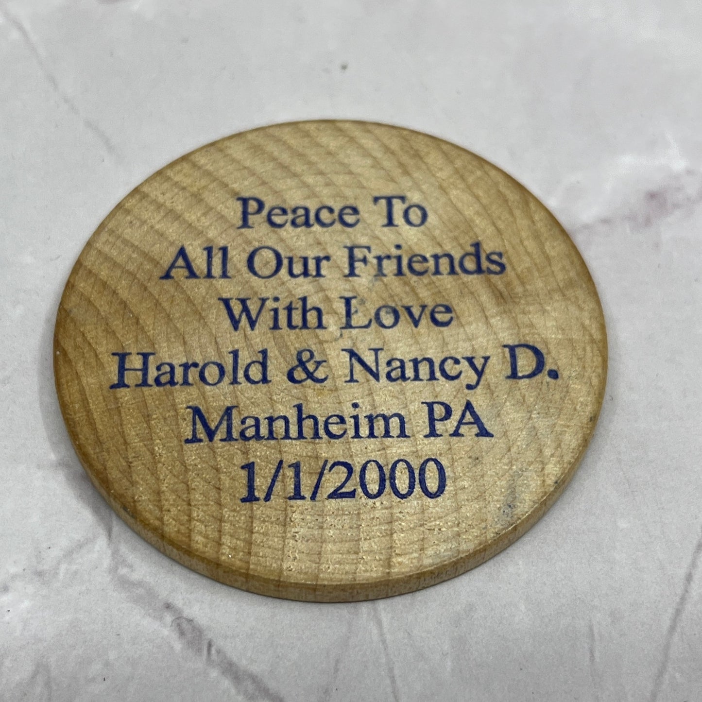 Vintage Millenium 2000 Wooden Nickel 2 Timothy 1:7 Manheim PA SC1