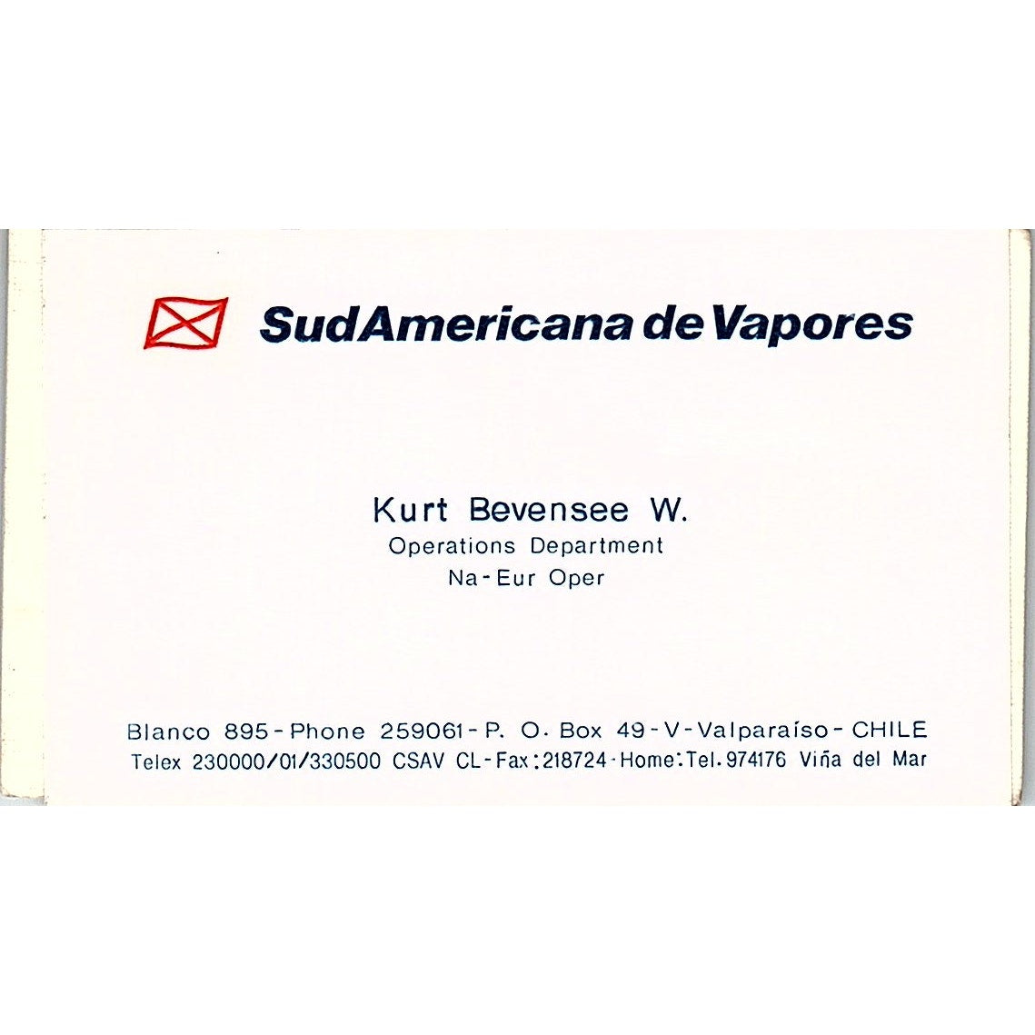 Kurt Benvensee W. SudAmericana de Vapores Valparaiso Chile Business Card SC9-B6
