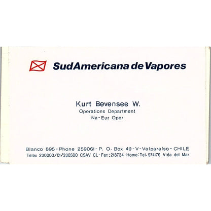 Kurt Benvensee W. SudAmericana de Vapores Valparaiso Chile Business Card SC9-B6