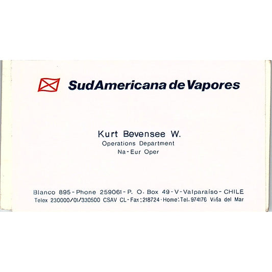 Kurt Benvensee W. SudAmericana de Vapores Valparaiso Chile Business Card SC9-B6