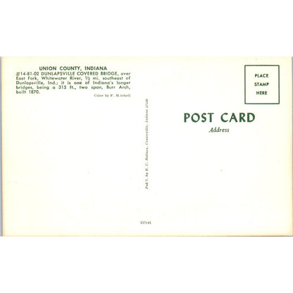 Union County Indiana Dunlapsville Whitewater River Covered Bridge Postcard PC6