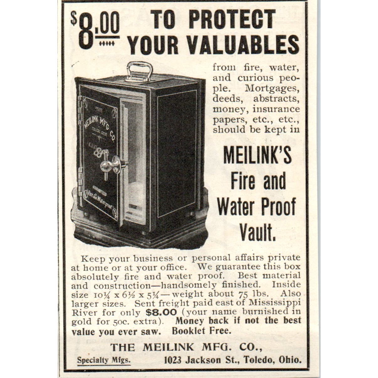 The Meilink Mfg Co Fire & Waterproof Vault Toledo OH c1905 Advertisement AE7-A2