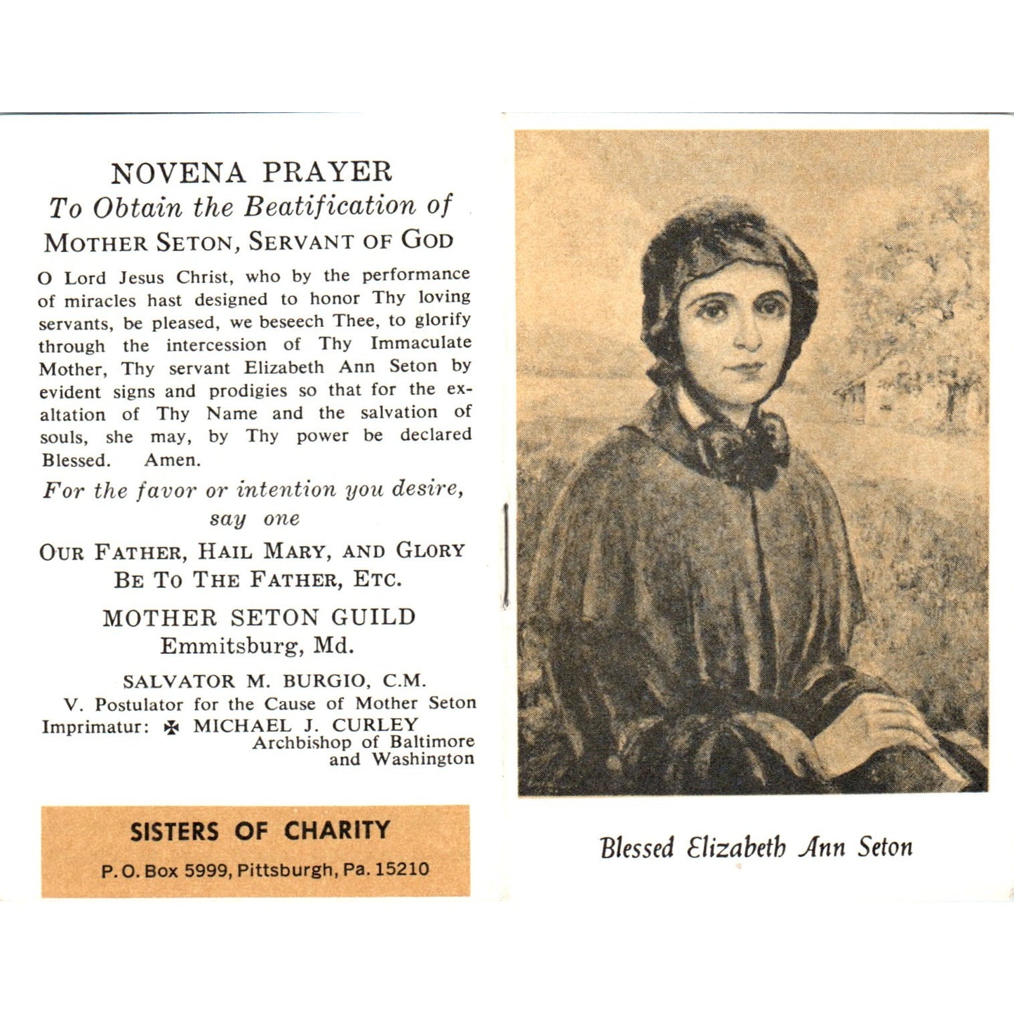 Novena Prayer Blessed Elizabeth Ann Seton Vintage Prayer Leaflet TH2-PC2