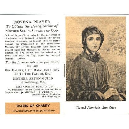 Novena Prayer Blessed Elizabeth Ann Seton Vintage Prayer Leaflet TH2-PC2