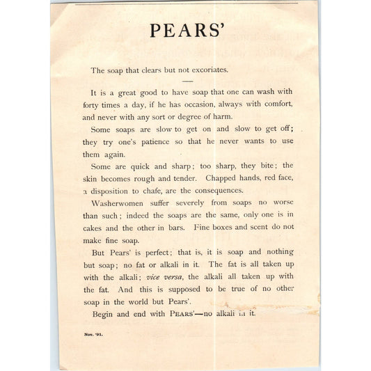 Pears' Soap The Soap the Clears But Not Excoriates c1890 Victorian Ad AE8