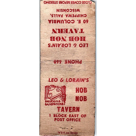 Leo & Lorain's Hob Nob Tavern Chippewa Falls WI Vintage Matchbook Cover SF3-Y7
