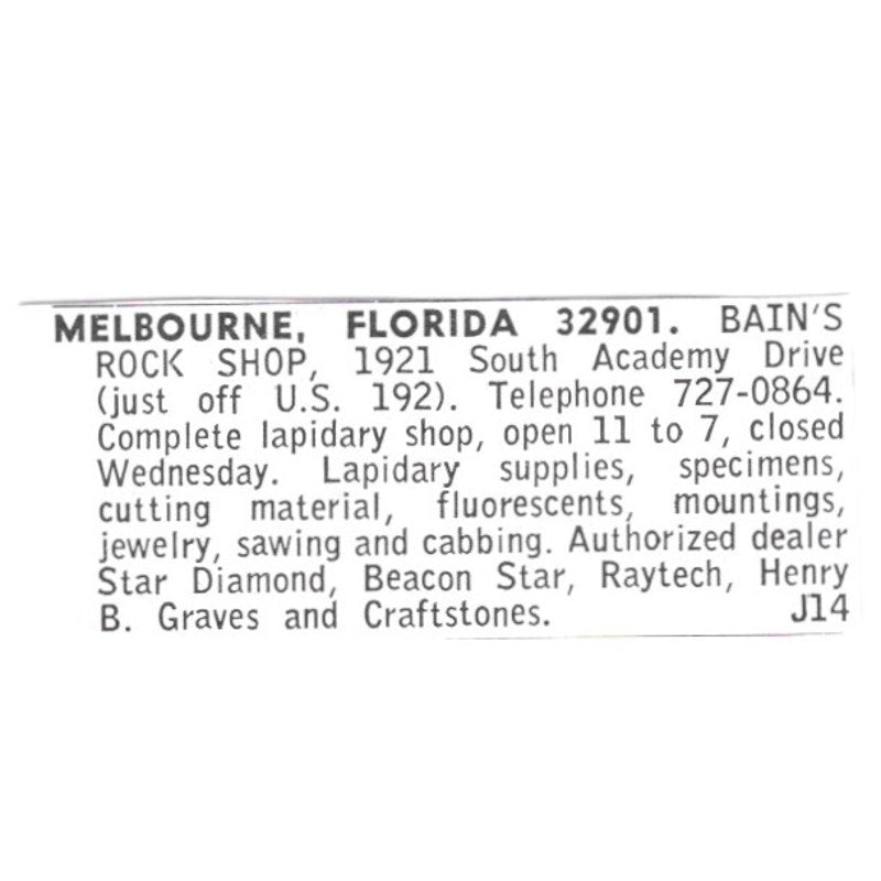 Bain's Rock Shop Lapidary Supply Melbourne Florida 1972 Ad AF8-S21