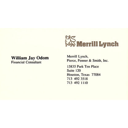 William Jay Odom Merrill Lynch Houston Vintage Business Card SD9-B7